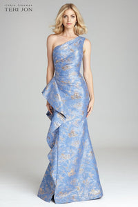 Jacquard One Shoulder Side Ruffle Gown Teal