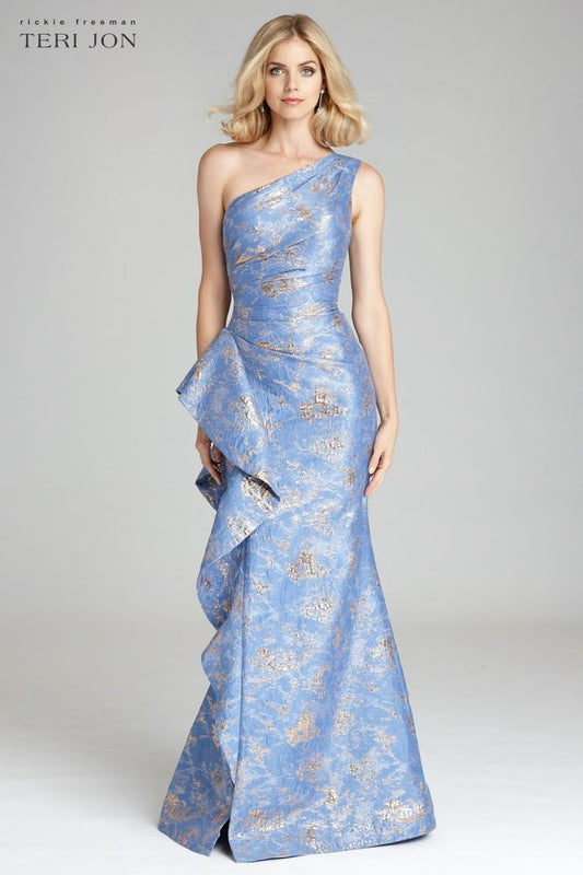 Jacquard One Shoulder Side Ruffle Gown Teal