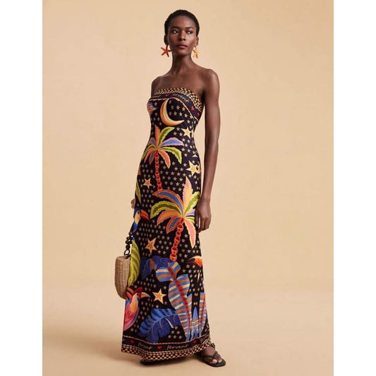 Black Tropical Toucan Strapless Maxi Dress Star Moon Palm Tree Large
