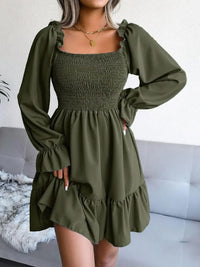 Smocked Flounce Sleeve Square Neck Dress Wine