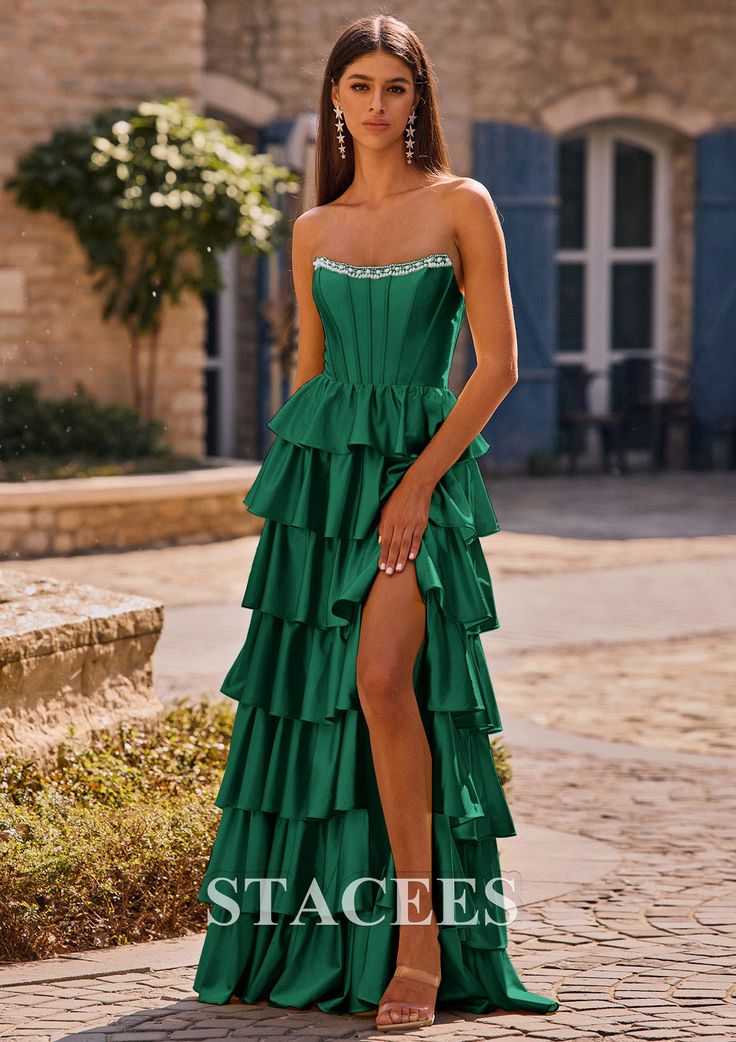 A Line Square Neckline Strapless Corset Ruffle Slit Long Prom Dress
