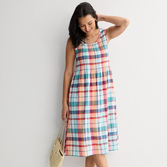Women's Croft & Barrow Smocked Midi Dress, Size: Medium, Pink Blue