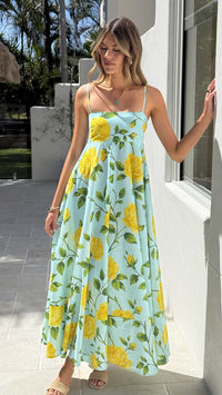 Kaethe Maxi Dress Lemon Aqua Floral Buy Women's Dress Billy J