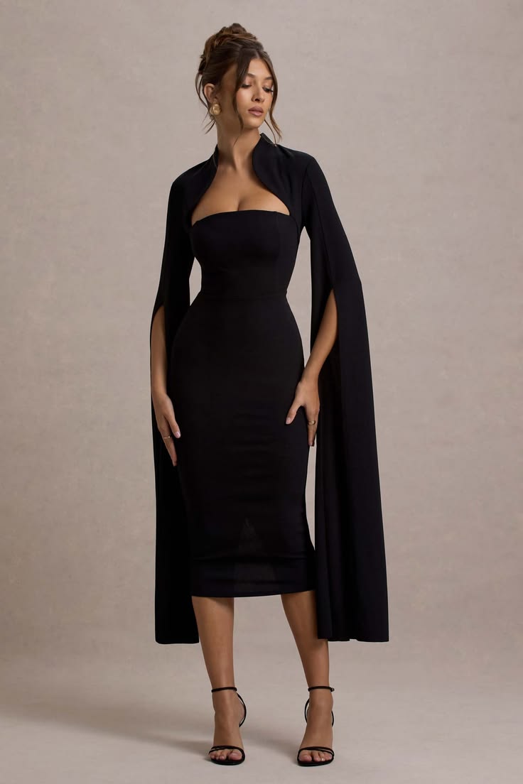 Linden Black Bodycon Cape Sleeve Midi Dress