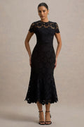 Clarissa Black Lace Short Sleeve Midi Dress