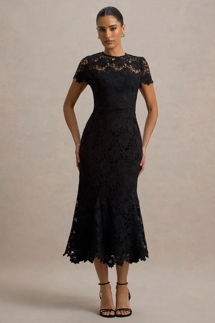 Clarissa Black Lace Short Sleeve Midi Dress