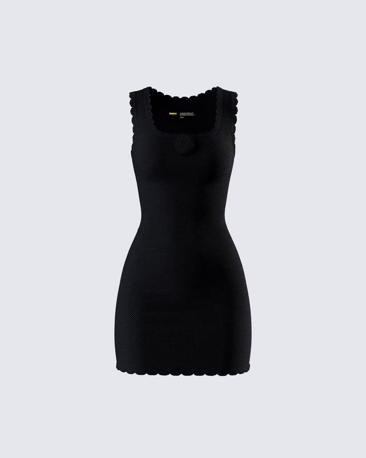 Black Mini Dress Scalloped Hem Bodycon Knit