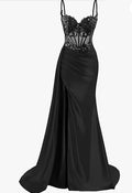 Elegant Mermaid Spaghetti Straps Pink Slit Satin Long Prom Dress Party