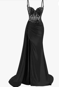 Elegant Mermaid Spaghetti Straps Pink Slit Satin Long Prom Dress Party