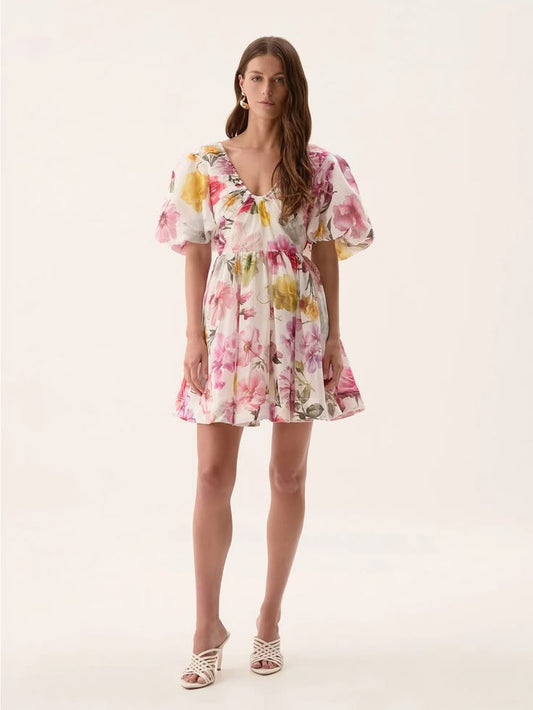 Aje Dress Nwt Fleur Mini Dress In Collage Floral Color: Pink White
