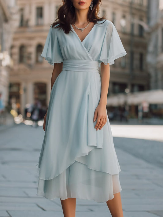Layered Chiffon Wrap Midi Dress Powder Blue
