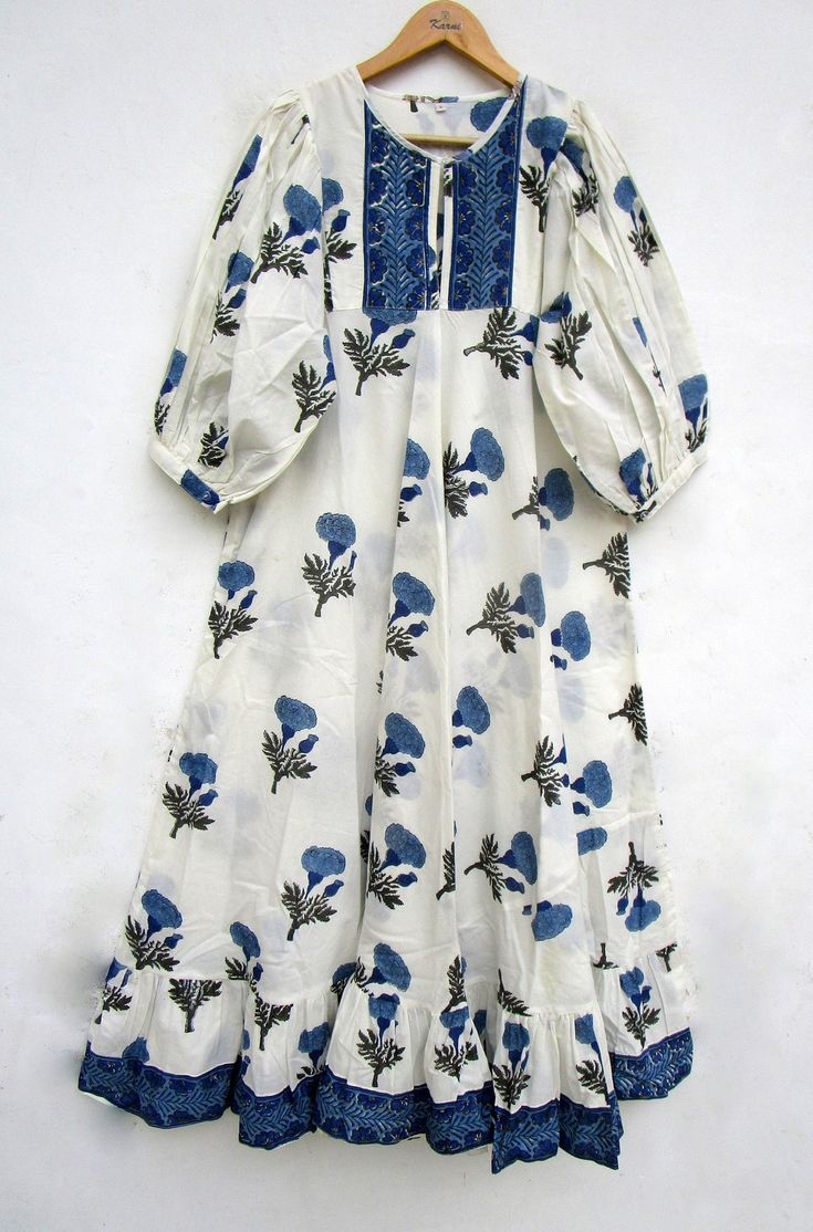 Beautiful Boota Printed Cotton Long Maxi Dress Henley Neckline With