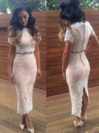 Two Piece Short Sleeve Ankle Length Lace Sheath Prom Dress With Split