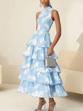 Light Blue Chiffon Printed Tiered Dress Light Blue