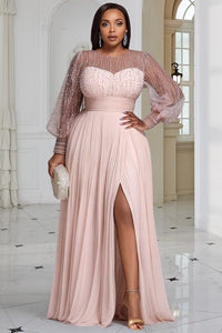 Xpluswear Design Plus Size Formal Champagne Round Neck Long Sleeve