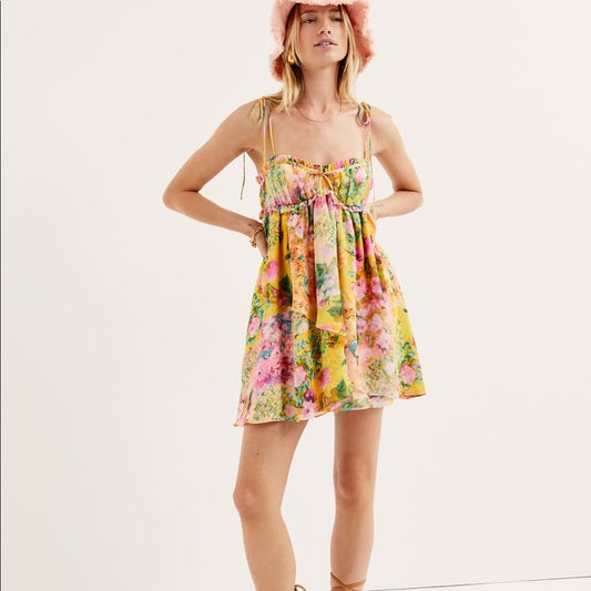 For Love And Lemons Dress Nwt For Love & Lemons Yellow Pink Floral Tie