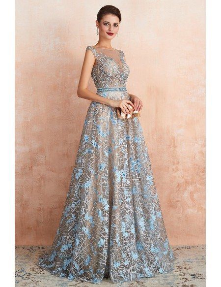 [$243.89] Unique Blue Lace Champagne Long Formal Dress With Crystals #