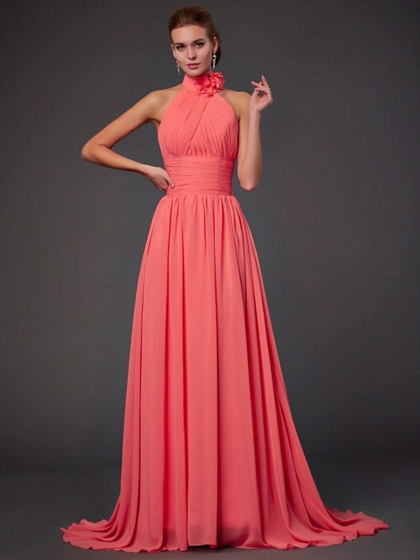 Charming Halter Sleeveless Hand Made Flower Long Chiffon Bridesmaid