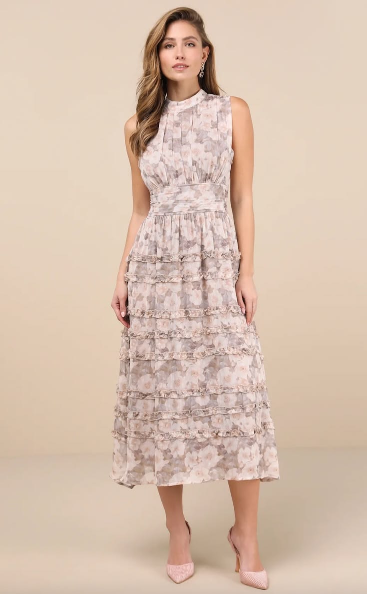 Dress Happily Sweet Beige Floral Mock Neck Backless Midi Dress
