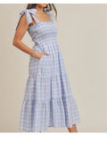 &Merci Dress Light Blue Plaid Midi Dress With Tie Shoulder Straps