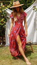 Floral Print Bat Sleeve Sashes Wrap Maxi Boho Cover Ups Red Dress