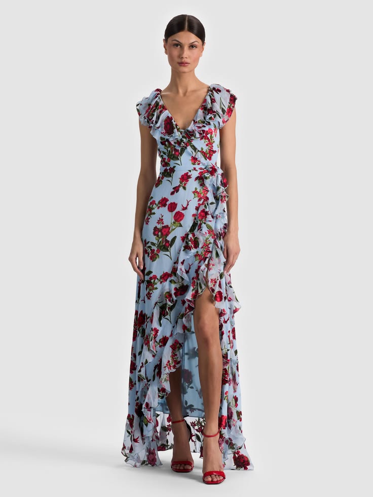 Kristen Ruffle Wrap Maxi Dress In American Beauty Carolina Blue