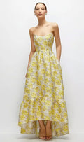 Golden Yellow Strapless Cat Eye Floral Jacquard Corset High Low Dress