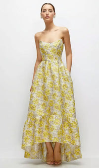 Golden Yellow Strapless Cat Eye Floral Jacquard Corset High Low Dress