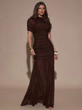 X Galilea Bae Elegant Dark Brown Ruched Bodycon Dress For Women,Autumn