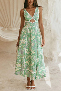 Linen Blend Unique Print V Neck Sleeveless Cutout Waist Cinching Maxi