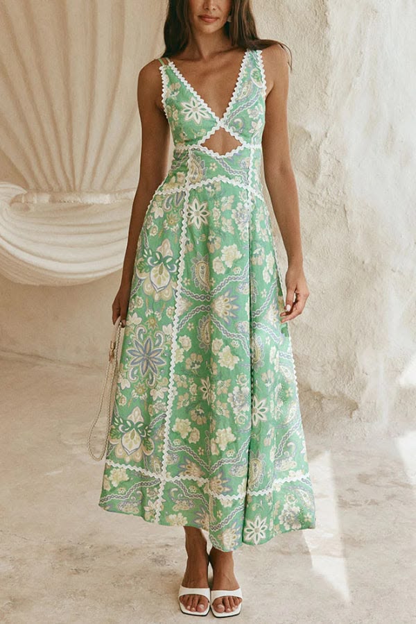 Linen Blend Unique Print V Neck Sleeveless Cutout Waist Cinching Maxi
