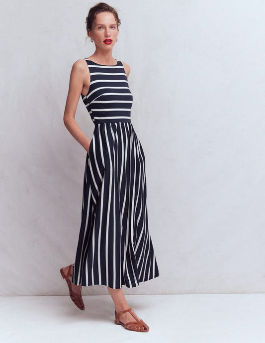 Saoirse Smock Back Dress Navy, Ivory Stripe