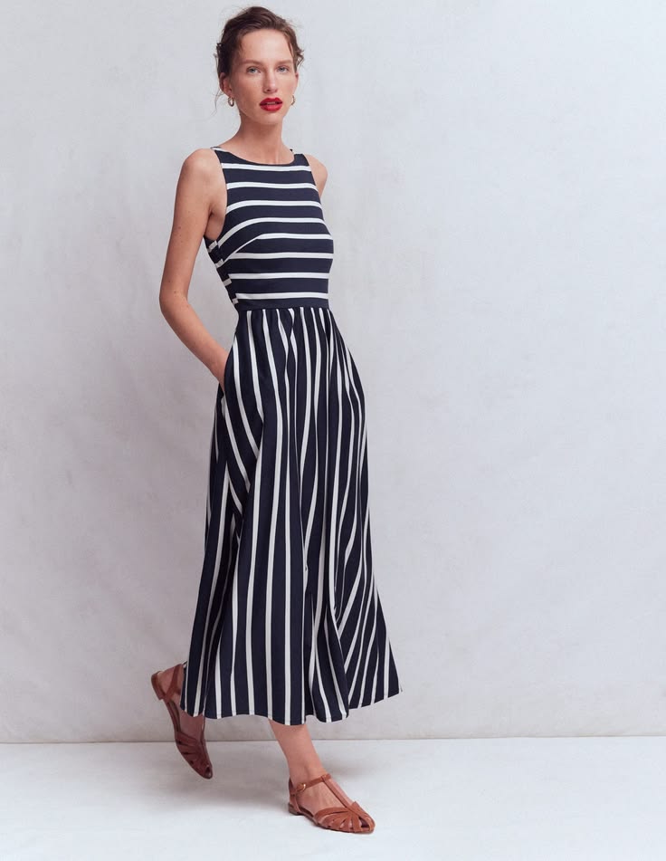 Saoirse Smock Back Dress Navy, Ivory Stripe