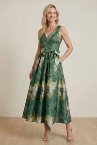 A Line Tea Length Jacquard Mother Of The Bride Dress Garden Green