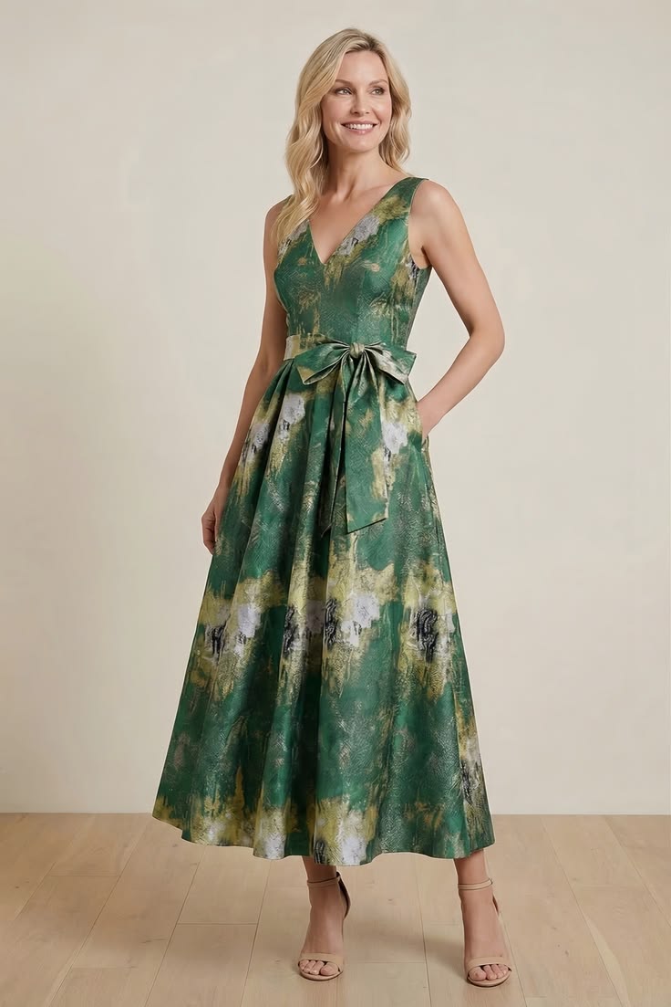 A Line Tea Length Jacquard Mother Of The Bride Dress Garden Green