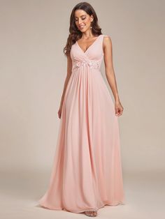 Pink A Line V Neck Appliques Ruched Wholesale Evening Dress