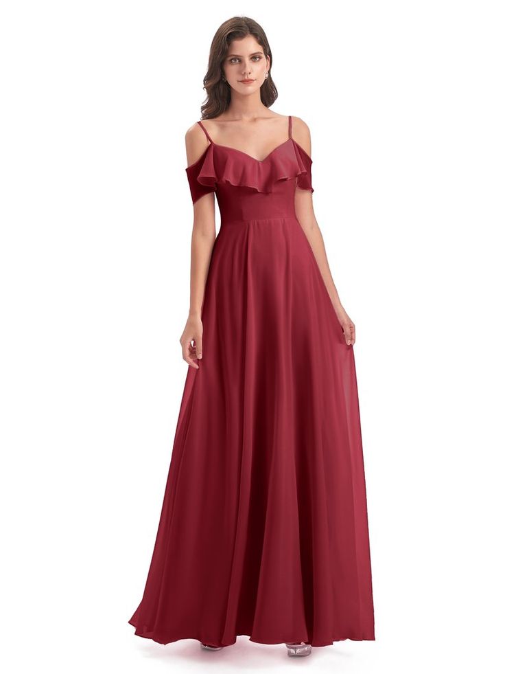 Miya A Line Floor Length Spaghetti Straps Ruffles Long Bridesmaid