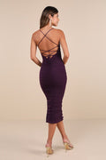 Flirty Instinct Purple Mesh Ruched Lace Up Bodycon Midi Dress