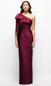 Oversized Bow One Shoulder Satin Column Maxi Dress