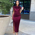 Woherb Women Shiny Long Dress Pleated Long Green Elegant Slit High