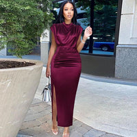 Woherb Women Shiny Long Dress Pleated Long Green Elegant Slit High