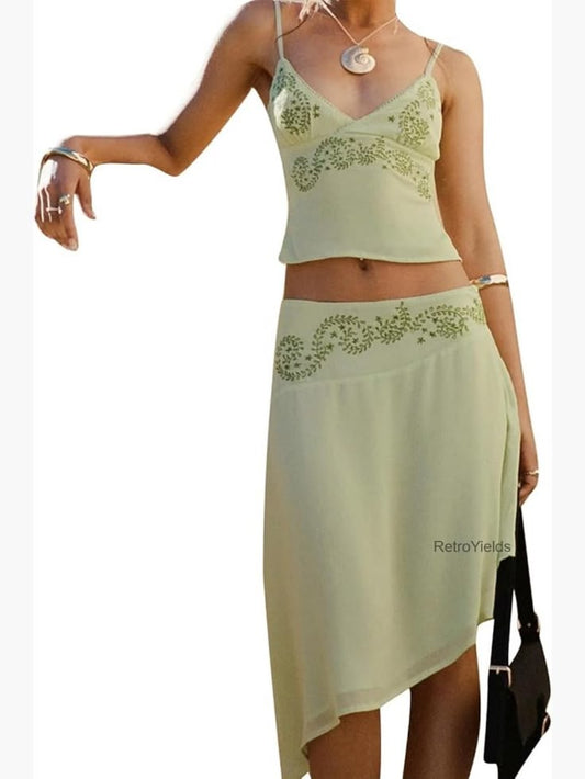 Boho 2 Piece Skirt Set Sleeveless V Neck Open Back Cami Top Midi Skirt