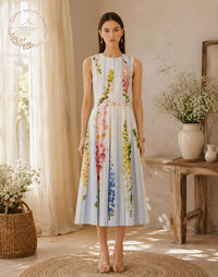 Floral Cotton Midi Dress Women Sleeveless Summer Vacation Sundress