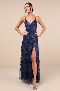 Rare Presence Navy Blue 3D Floral Surplice Maxi Dress