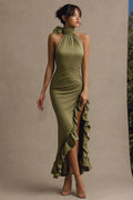 Olive High Neck Mermaid Ruffled Long Formal Dress With Slit