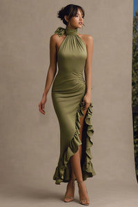 Olive High Neck Mermaid Ruffled Long Formal Dress With Slit