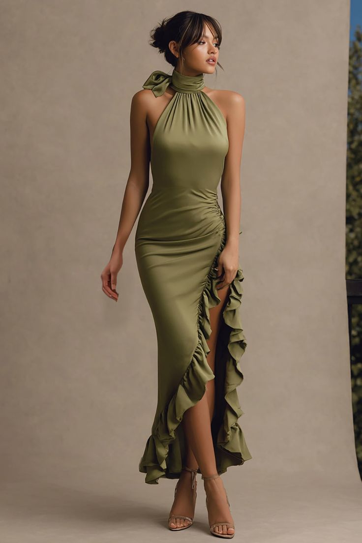 Olive High Neck Mermaid Ruffled Long Formal Dress With Slit