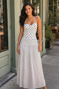 Elegant Retro Polka Dot Dress With Neck Hanging And Ruffled Design
