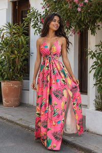 Floral Patterned Dress With Side Openings And Backless Style