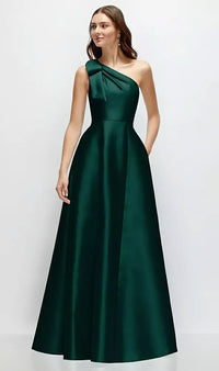 Bow One Shoulder Full A Line Satin Maxi Dress In Midnight Navy